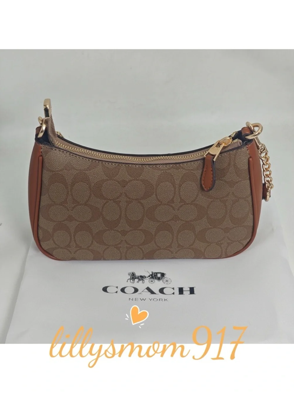 Coach Brown Signature Logo Crescent Shoulder Bag with Gold Hardware